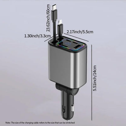 Retractable Car Charger, 120W 5 in 1 Super Fast Charge Car Phone Charger - iPhone & Android