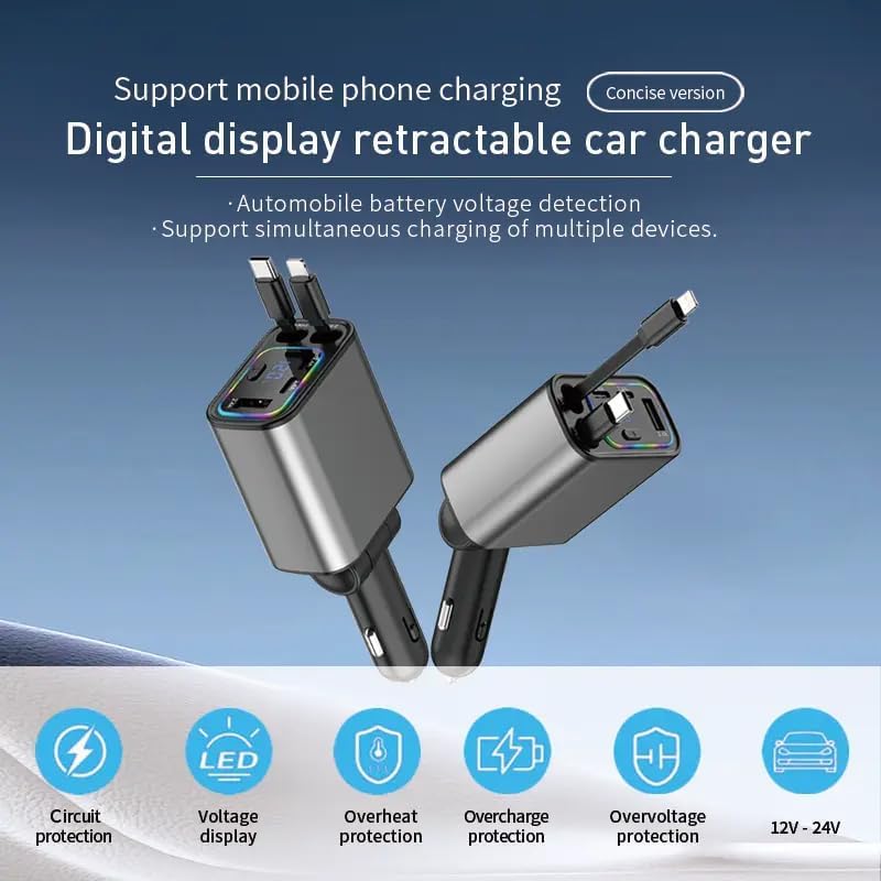 Retractable Car Charger, 120W 5 in 1 Super Fast Charge Car Phone Charger - iPhone & Android