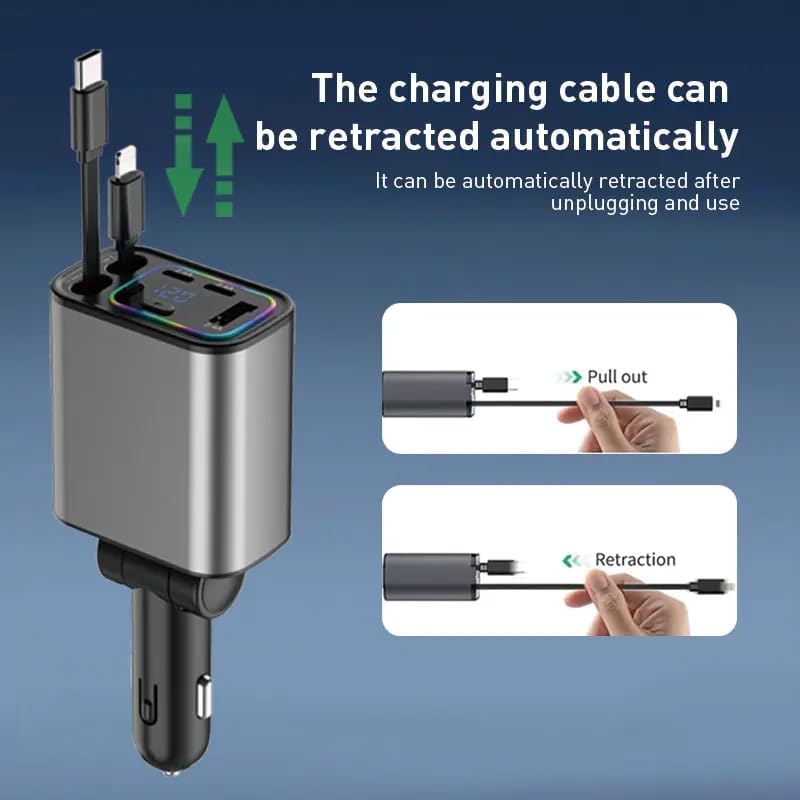 Retractable Car Charger, 120W 5 in 1 Super Fast Charge Car Phone Charger - iPhone & Android