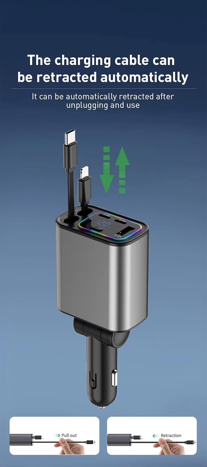 Retractable Car Charger, 120W 5 in 1 Super Fast Charge Car Phone Charger - iPhone & Android