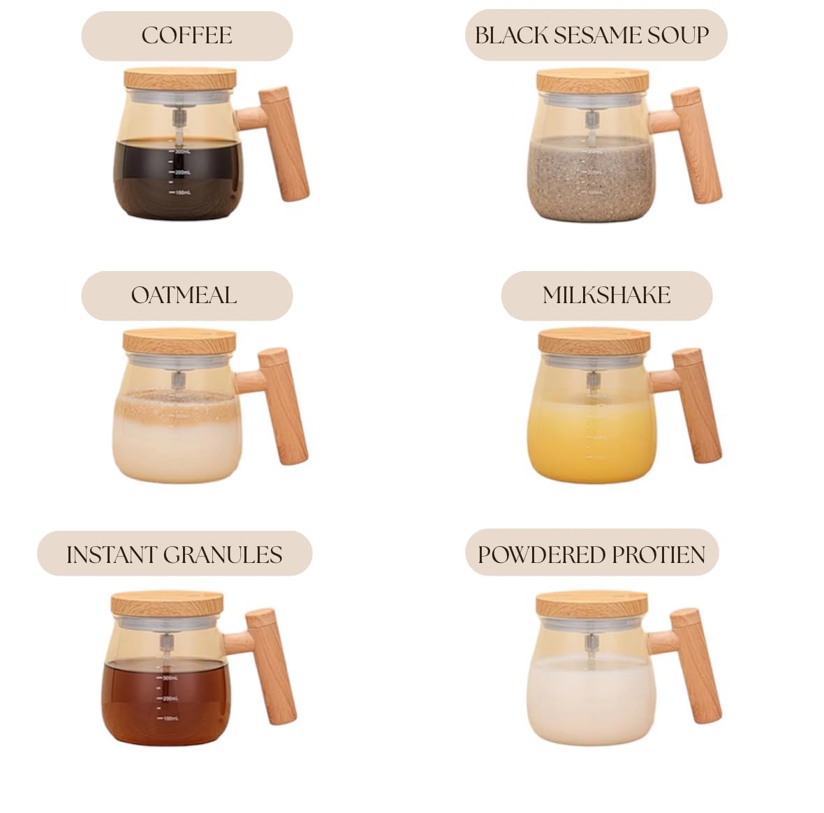 Self-Stirring Coffee Mug | 400ml Transparent Glass Mug with Wooden Handle & Lid | Automatic Mixing Cup for Coffee, Milk, Protein Shakes | Stylish Kitchen Gadget