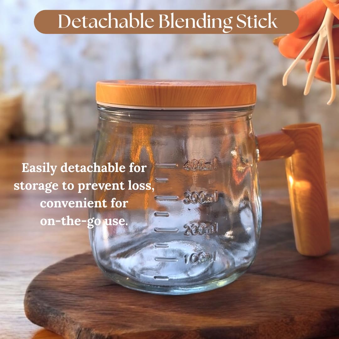 Self-Stirring Coffee Mug | 400ml Transparent Glass Mug with Wooden Handle & Lid | Automatic Mixing Cup for Coffee, Milk, Protein Shakes | Stylish Kitchen Gadget