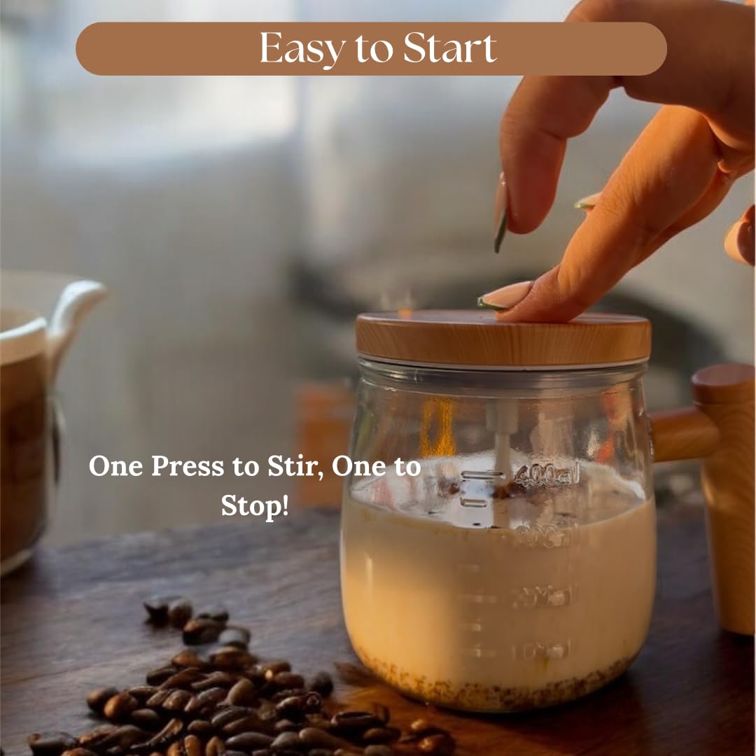 Self-Stirring Coffee Mug | 400ml Transparent Glass Mug with Wooden Handle & Lid | Automatic Mixing Cup for Coffee, Milk, Protein Shakes | Stylish Kitchen Gadget