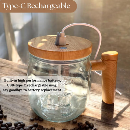 Self-Stirring Coffee Mug | 400ml Transparent Glass Mug with Wooden Handle & Lid | Automatic Mixing Cup for Coffee, Milk, Protein Shakes | Stylish Kitchen Gadget