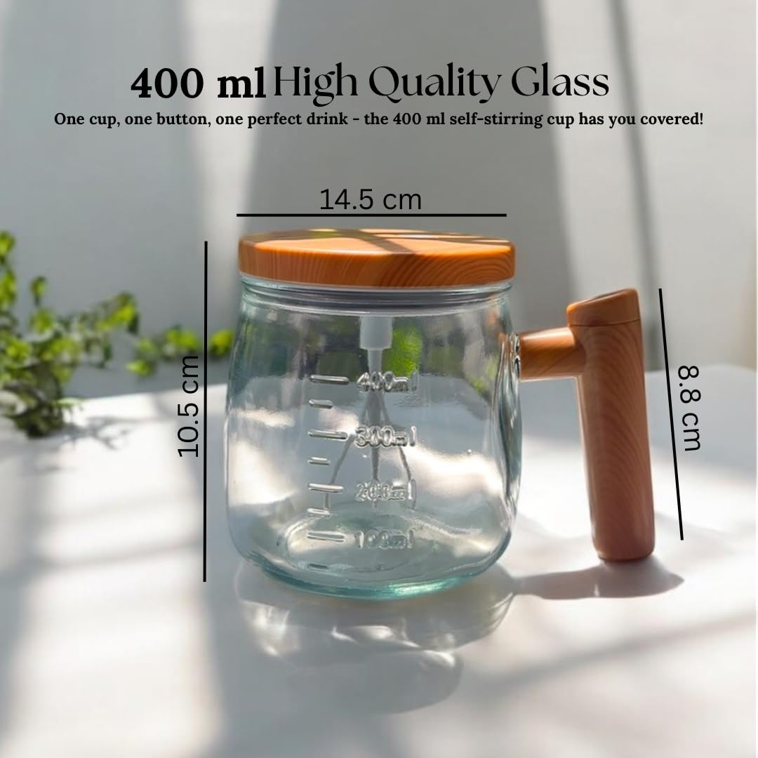Self-Stirring Coffee Mug | 400ml Transparent Glass Mug with Wooden Handle & Lid | Automatic Mixing Cup for Coffee, Milk, Protein Shakes | Stylish Kitchen Gadget