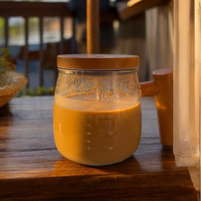 Self-Stirring Coffee Mug | 400ml Transparent Glass Mug with Wooden Handle & Lid | Automatic Mixing Cup for Coffee, Milk, Protein Shakes | Stylish Kitchen Gadget