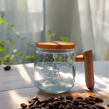 Self-Stirring Coffee Mug | 400ml Transparent Glass Mug with Wooden Handle & Lid | Automatic Mixing Cup for Coffee, Milk, Protein Shakes | Stylish Kitchen Gadget
