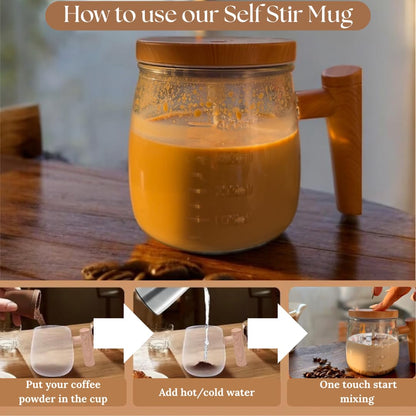 Self-Stirring Coffee Mug | 400ml Transparent Glass Mug with Wooden Handle & Lid | Automatic Mixing Cup for Coffee, Milk, Protein Shakes | Stylish Kitchen Gadget