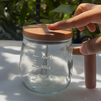 Self-Stirring Coffee Mug | 400ml Transparent Glass Mug with Wooden Handle & Lid | Automatic Mixing Cup for Coffee, Milk, Protein Shakes | Stylish Kitchen Gadget