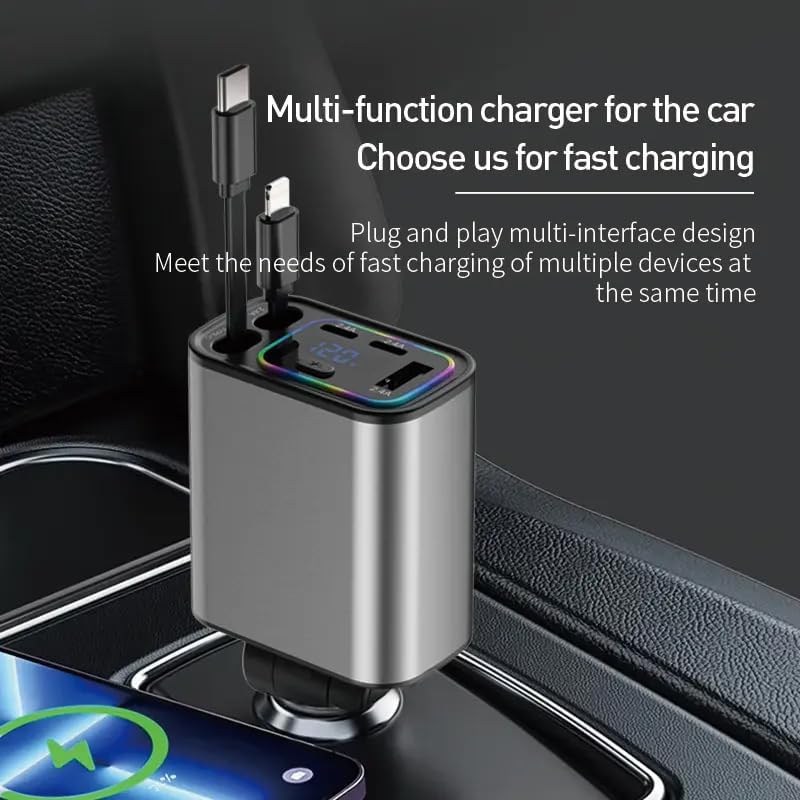 Retractable Car Charger, 120W 5 in 1 Super Fast Charge Car Phone Charger - iPhone & Android