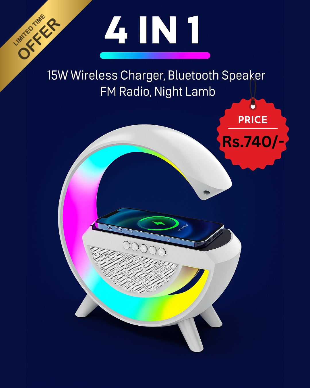 4 IN 1 MULTIFUNCTION G SHAPE LED BLUTOOTH SPEAKER WITH WIRELESS 15W CHARGER